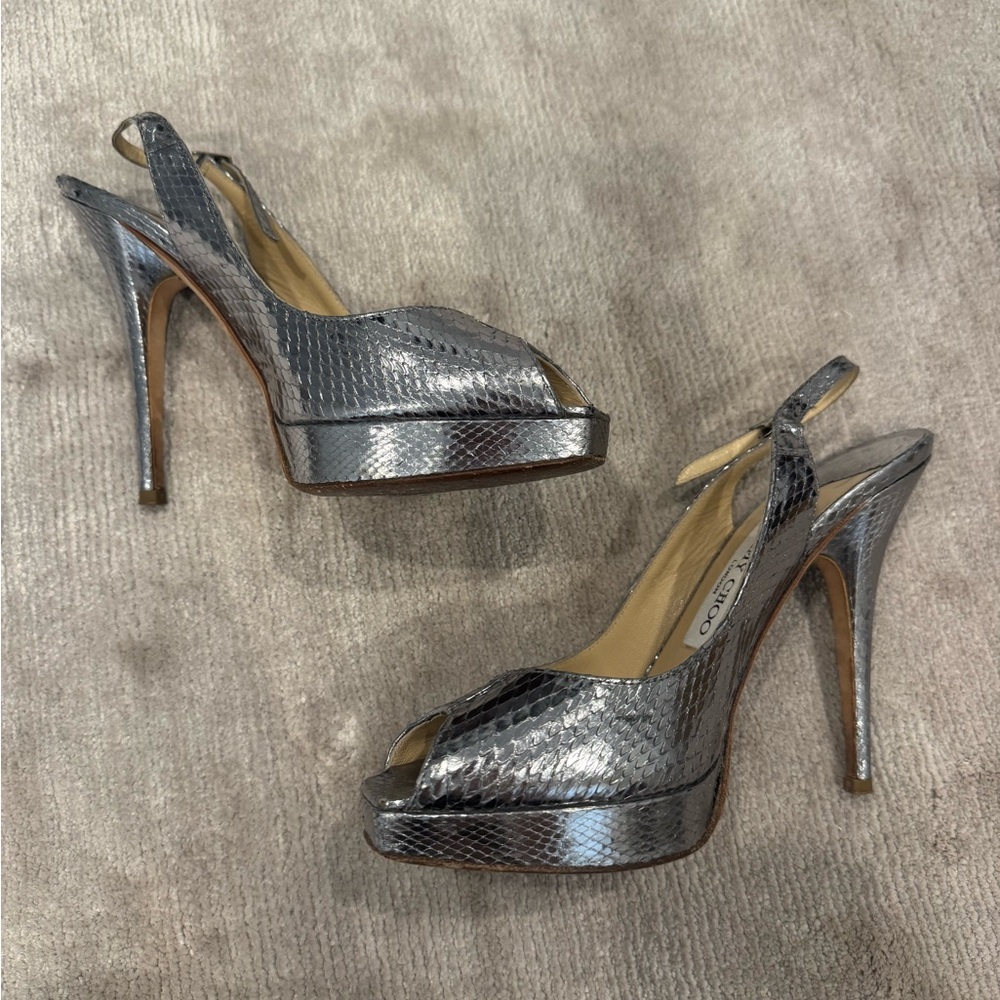 Jimmy Choo Silver Peep-Toe Slingback Heels